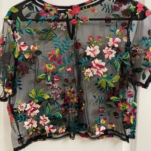 Colorful see thru lace embroidered floral crop top. Size medium